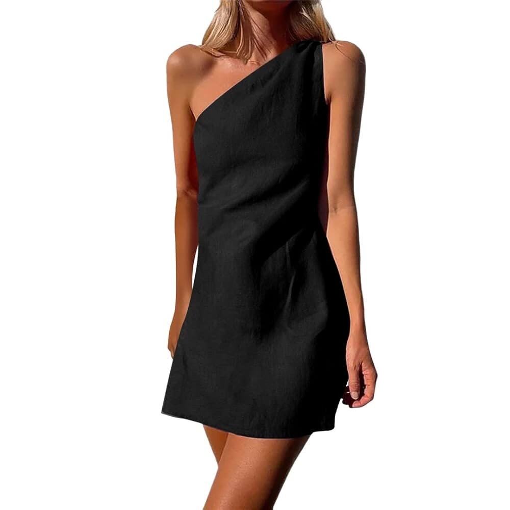 $255 Theory Melly One Shoulder Linen Black Mini Dress - 4